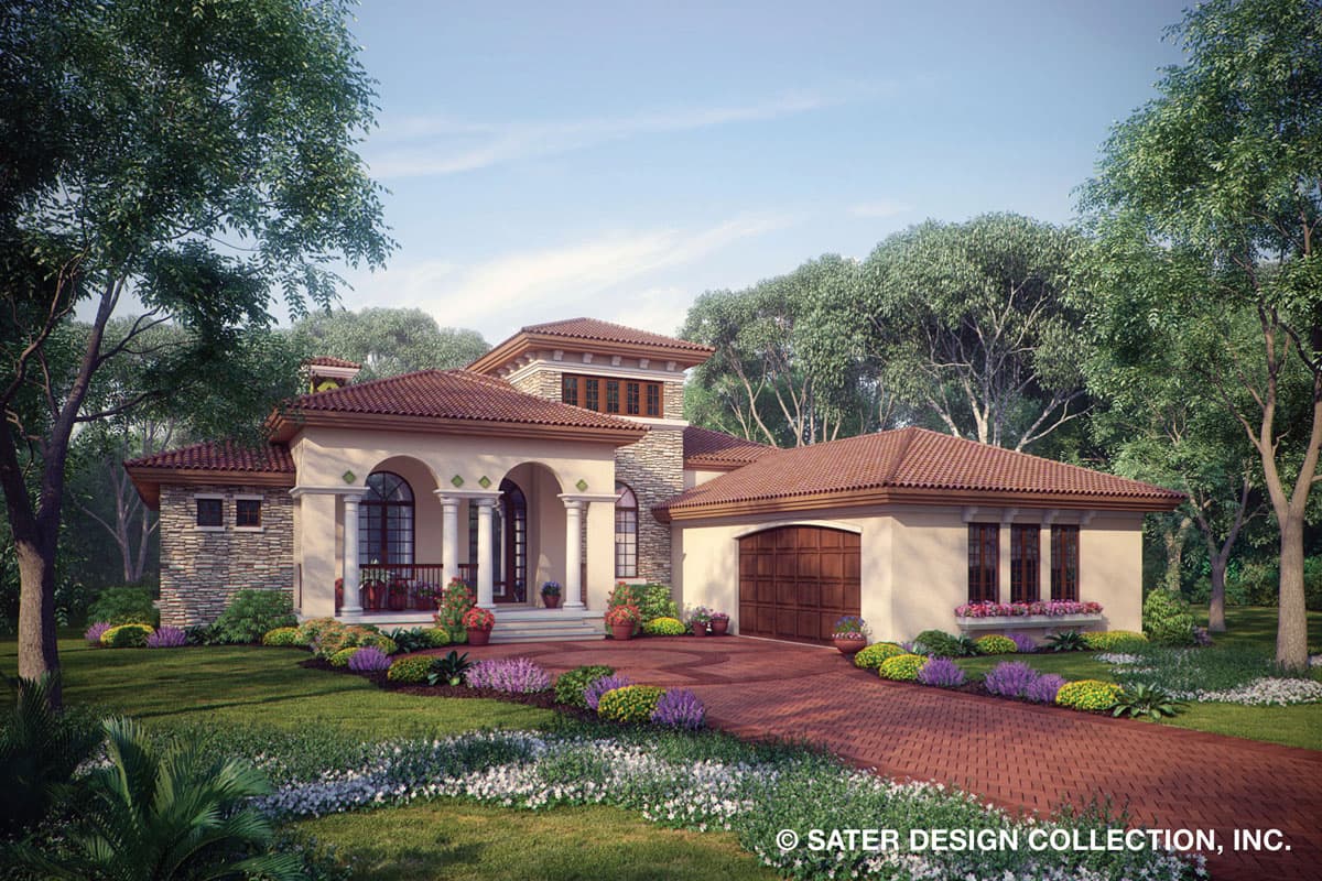 House plan exterior. Mediterranean style, one-story. Features include arched entry, barrel tile roof, and attached garage. Stone accents on facade.