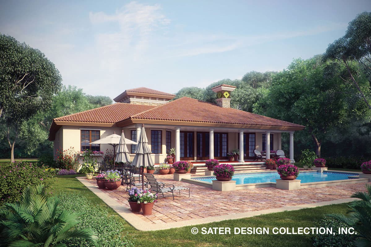 House plan exterior with Spanish tile roof, covered loggia with columns, and a swimming pool.