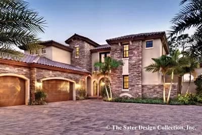 Grand Tuscan-style House Plan with Courtyard Entry and Outdoor Spaces On Two Floors