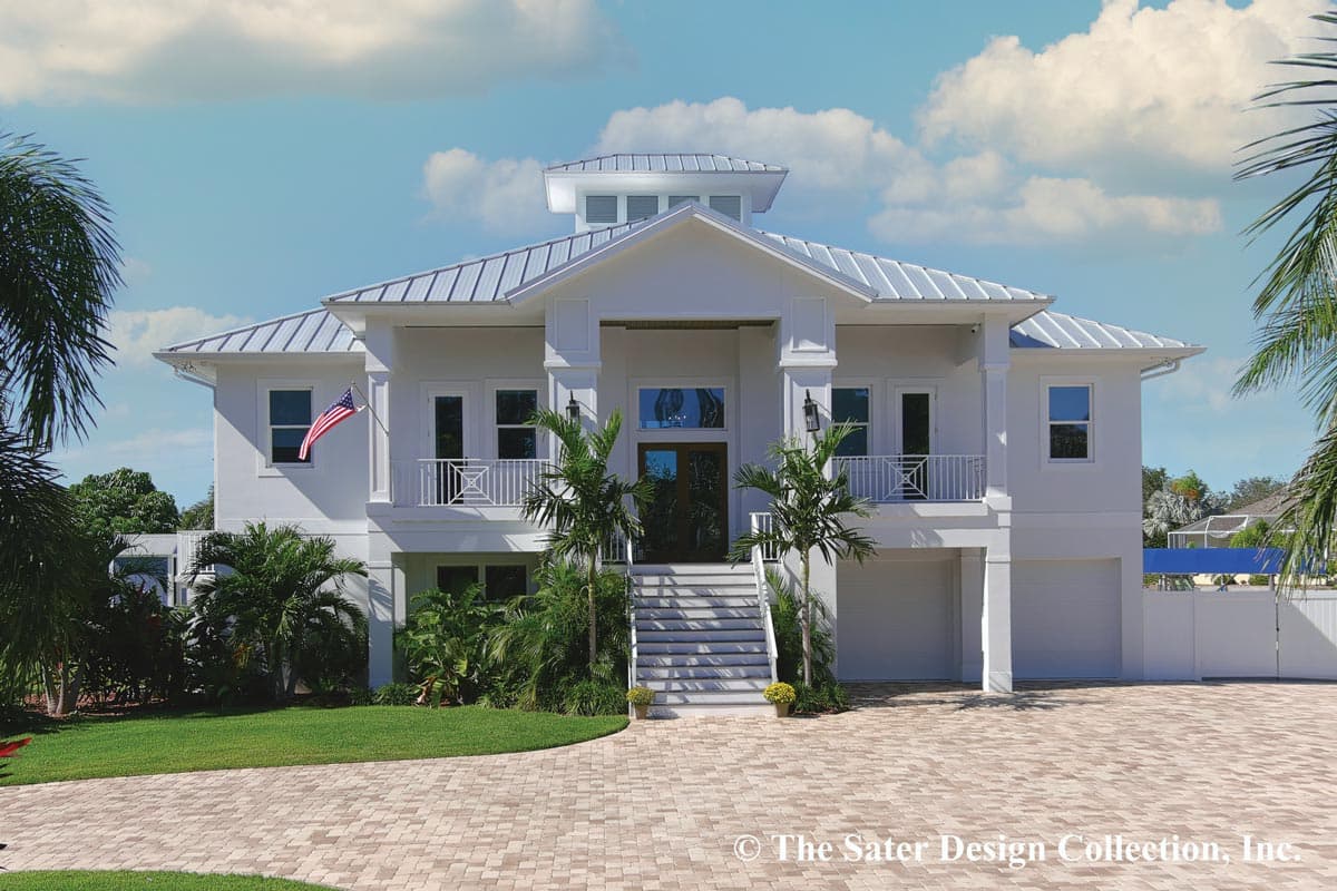 House plan exterior of a two-story Modern Coastal home with metal roof, balconies, and a two-car garage.