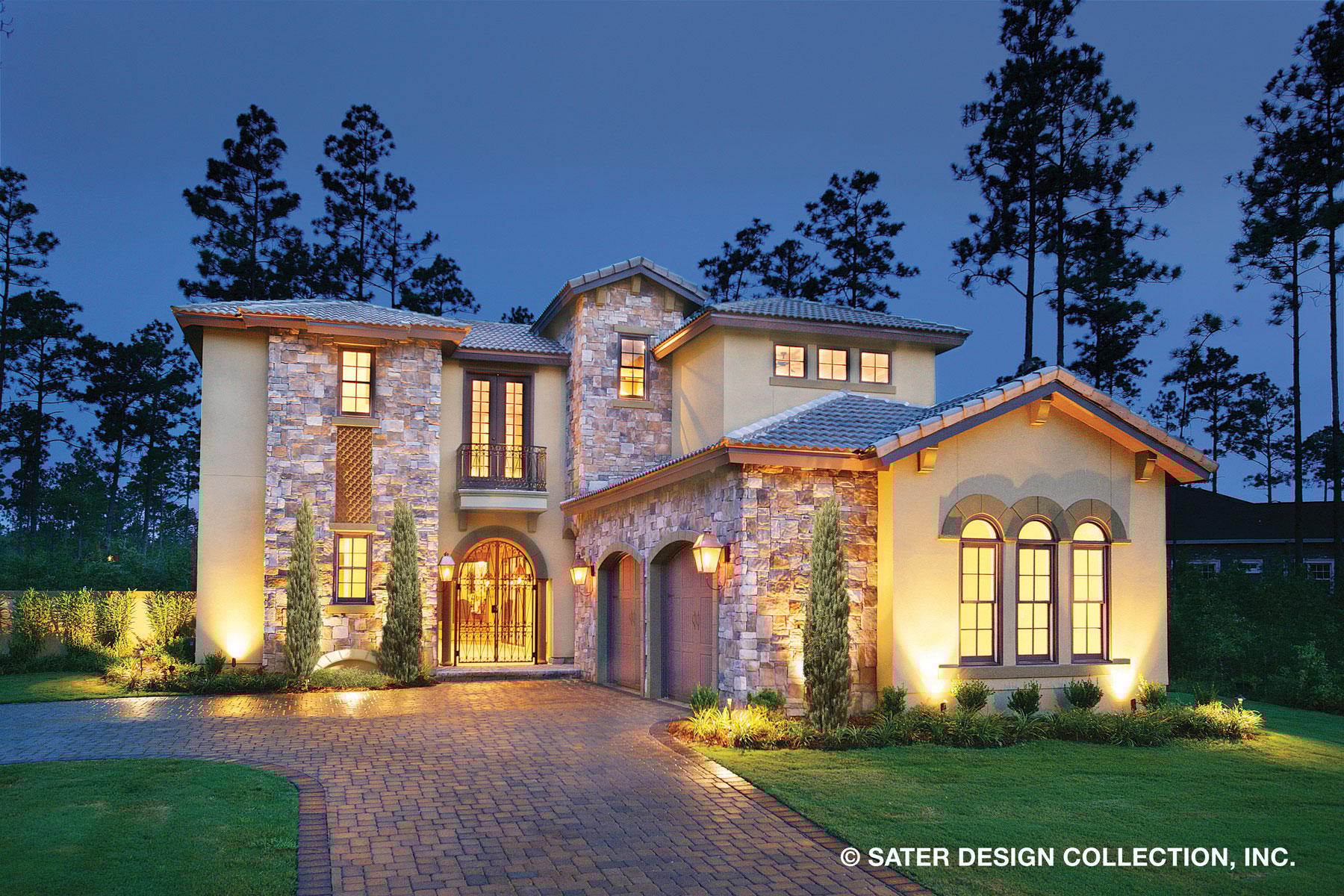 House plan exterior with stone accents, two stories, arched entry, garage with arched doors, and decorative ironwork at the entry.