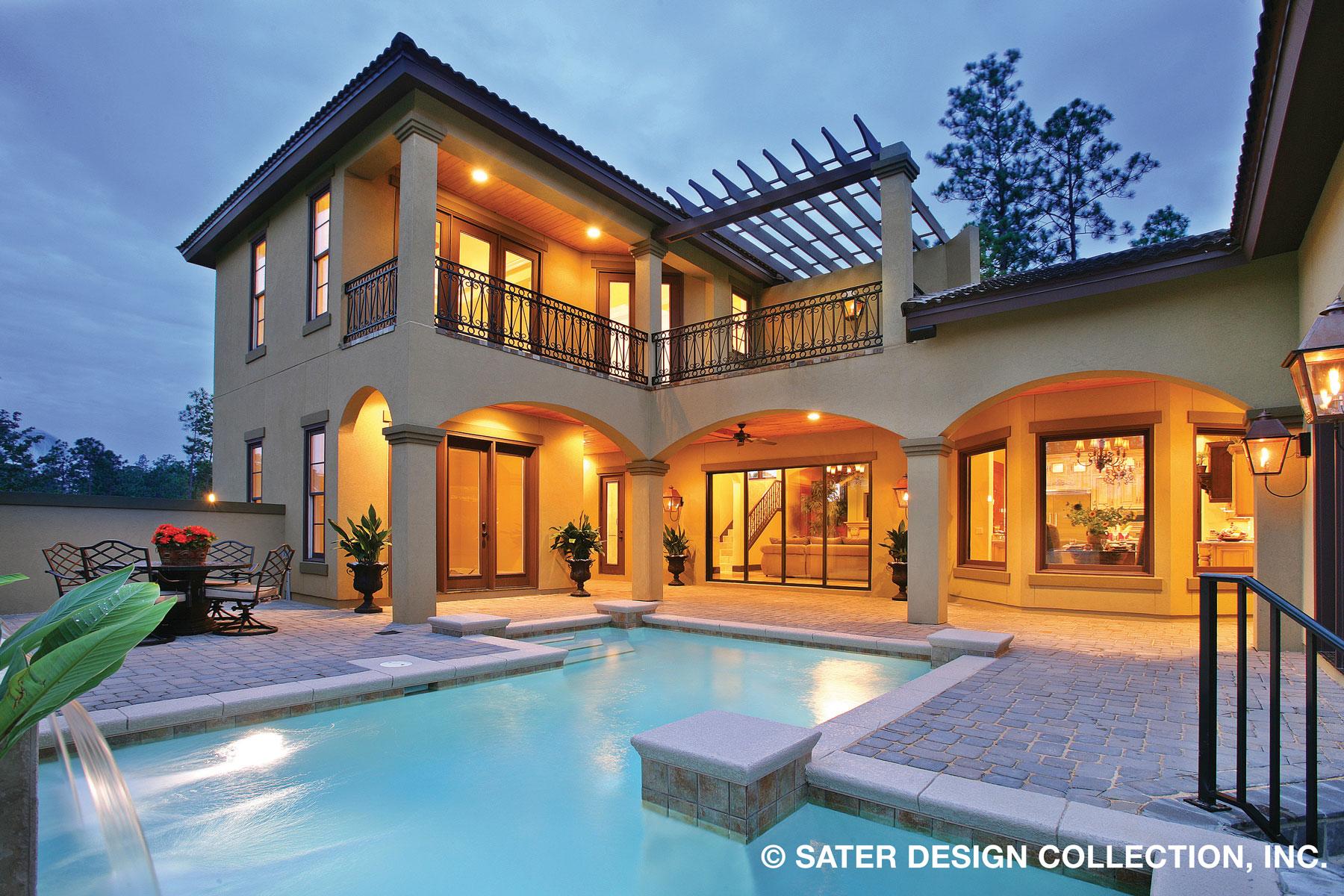Two-story house exterior with loggia, second-story balcony, arched openings, and pool.