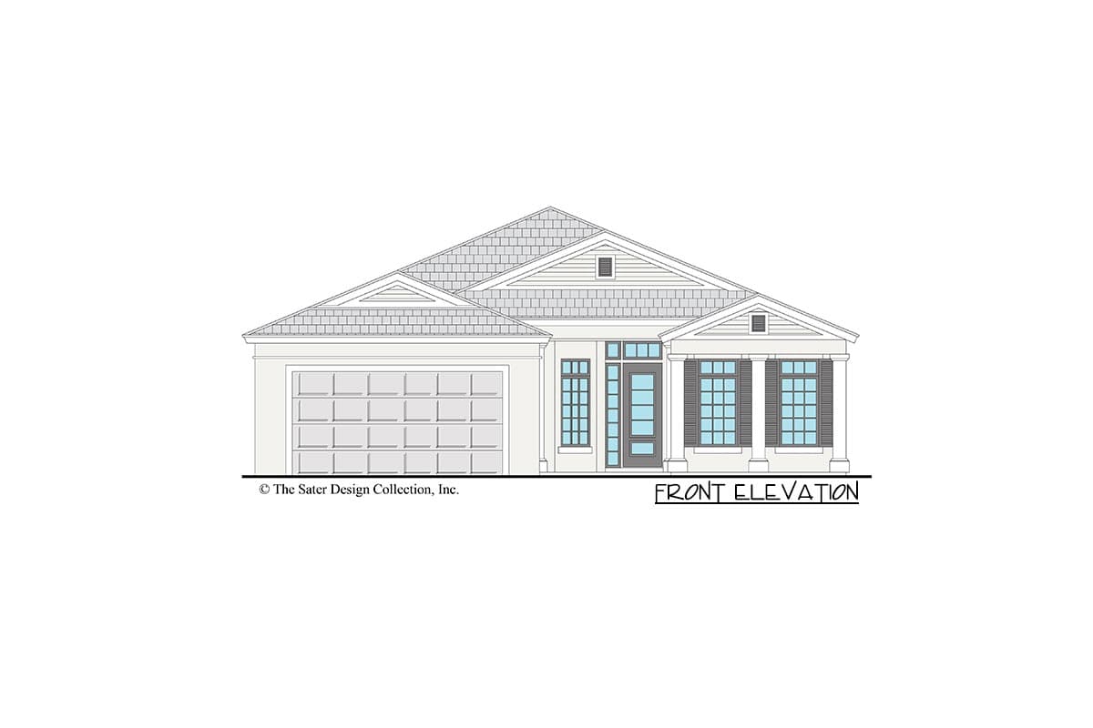 Front elevation house plan: one-story home with a two-car garage, gable roof, and a covered entry with columns.