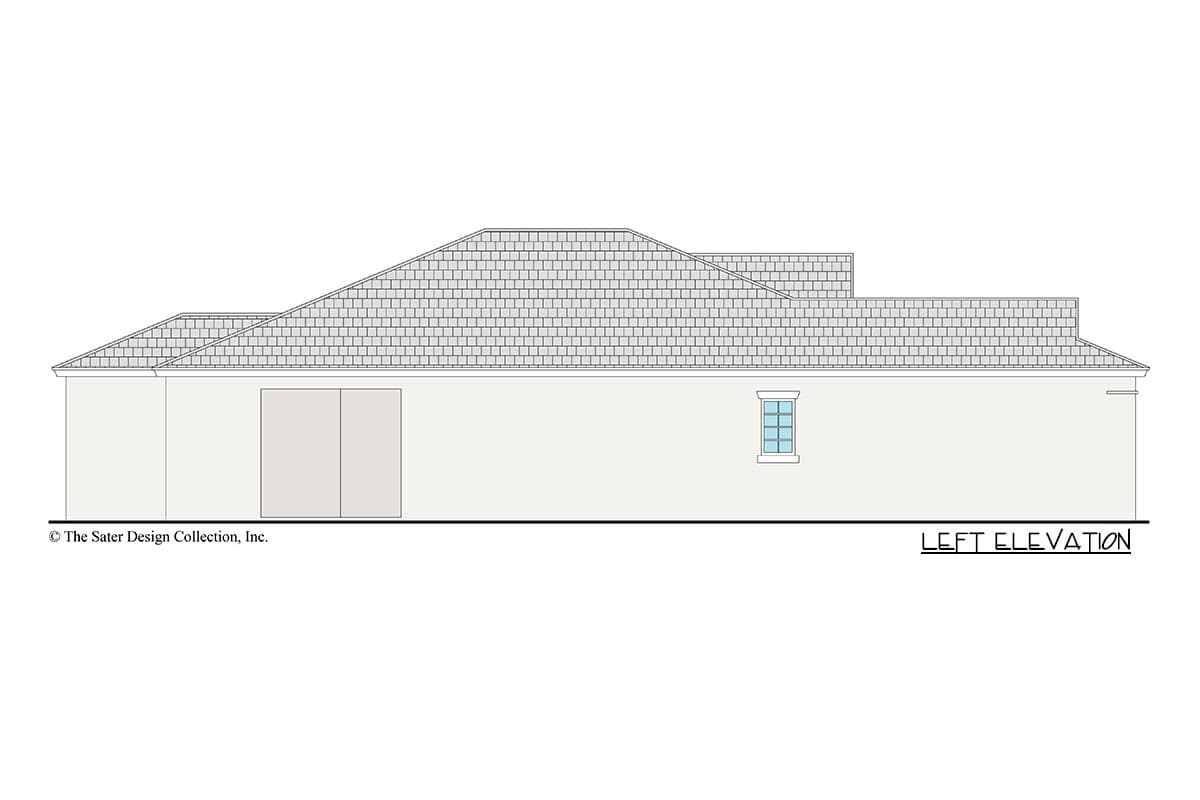 Left elevation house plan with a shingled hip roof, two large doors, and one window.
