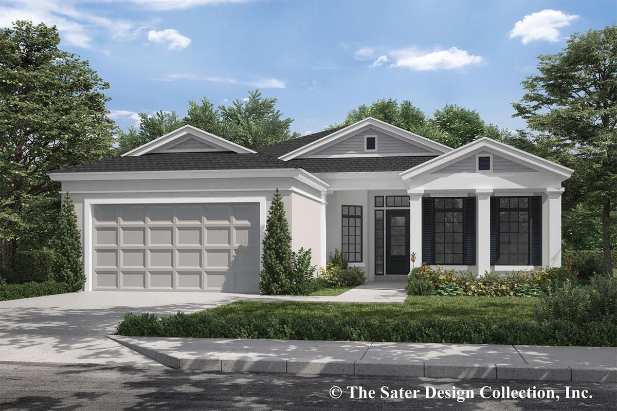 House plan exterior. Single-story with a gabled roof, garage, and front porch with columns. Features include dormers and dark window shutters.