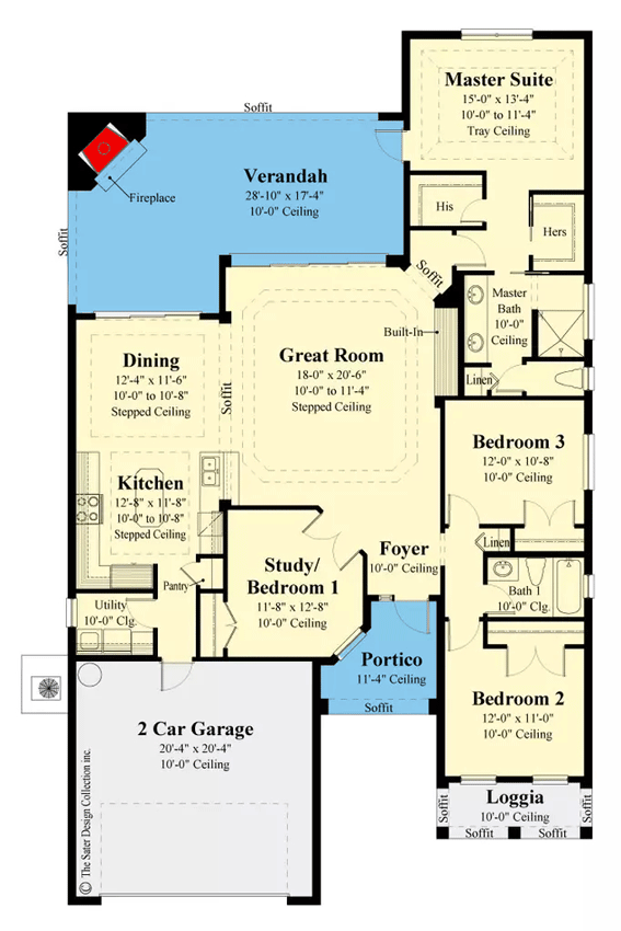 Plan 340022STR: One-story Home Plan with Large Verandah with Fireplace - Floor Plan - Main Level - Florida-Style, Ranch, Traditional, Transitional
