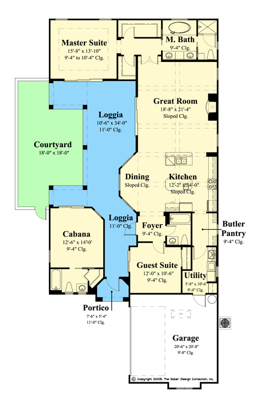 Plan 340023STR: Spanish-style Home Plan with Private Cabana - Floor Plan - Main Level - European, Florida-Style, Mediterranean, Spanish