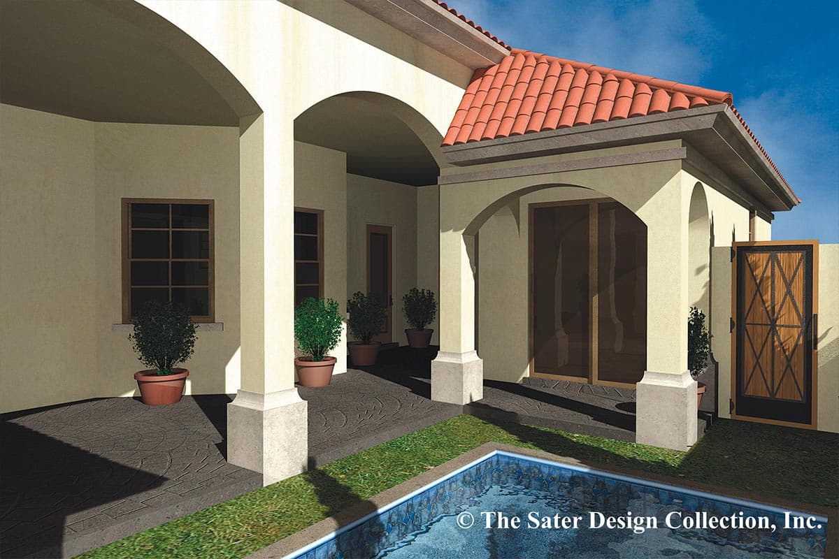 House plan exterior with stucco walls, arched loggia, tiled roof, and decorative metal gate by a pool.