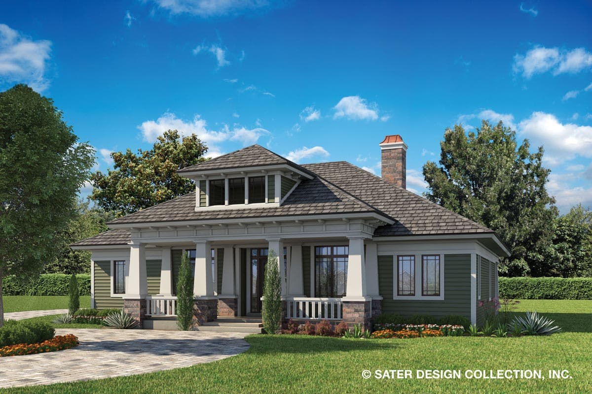 House plan exterior rendering. Craftsman style, single story. Features include a covered porch with columns, a dormer, and a brick chimney.