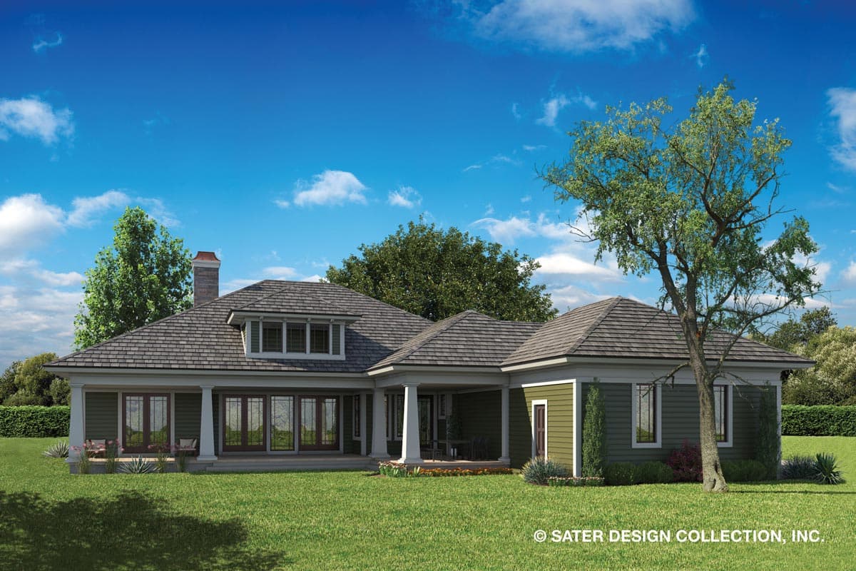 House plan exterior rendering of a one-story Modern Farmhouse with a covered porch, dormer, and multi-pane windows.