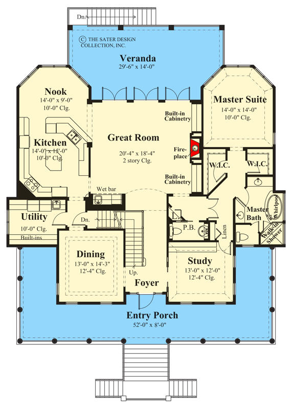 Plan 340026STR: Tidewater Cottage with Perfectly Symmetrical Facade - Floor Plan - Main Level - Beach, Coastal, Florida-Style, Low Country, Vacation