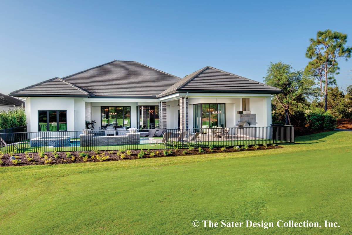 Modern house plan exterior, one story, with covered patio, outdoor kitchen, and pool.