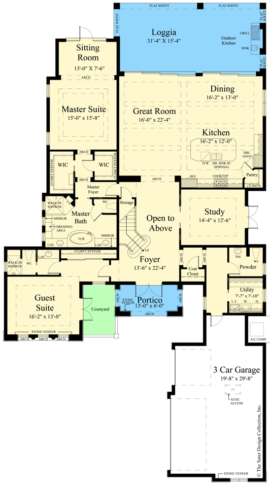 Plan 340030STR: Modern Tuscan Villa with Stacked Stone Exterior - Floor Plan - Main Level - Coastal, European, Florida-Style, Mediterranean, Tuscan