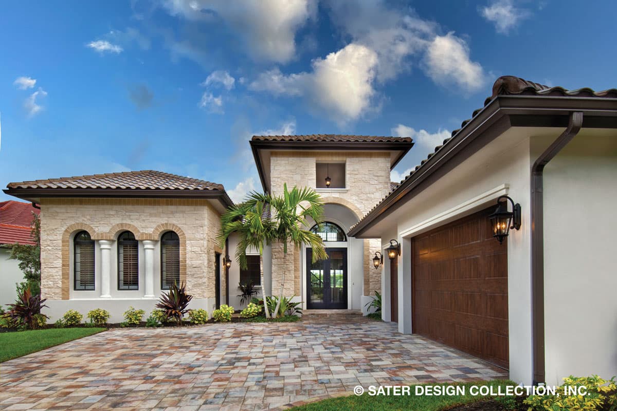 House plan exterior. Two-story home with a stone facade, arched entry, and a side-entry garage. Features include a tile roof and dark trim.