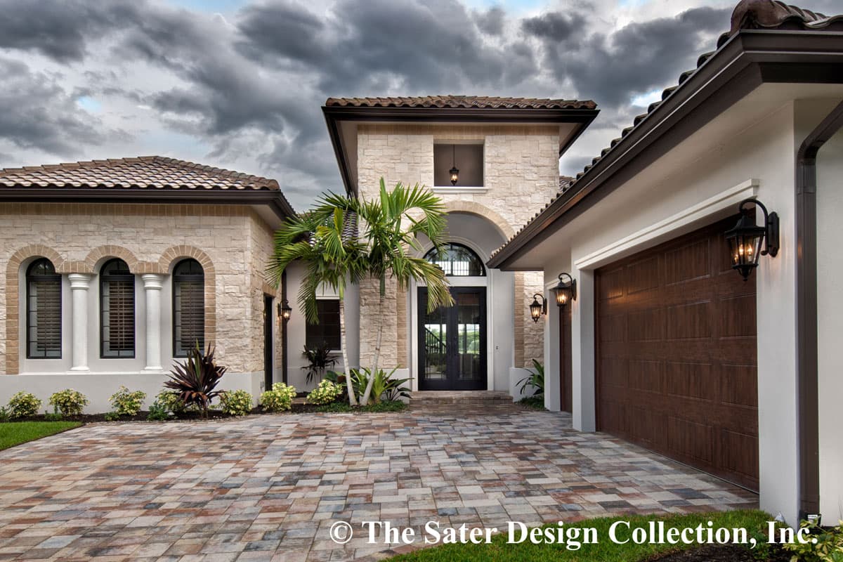 House plan exterior with stone facade, arched windows, tile roof, and attached garage. Features an arched entryway.