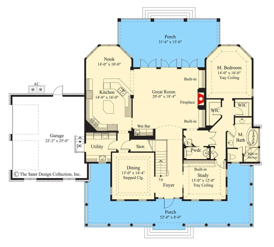 Plan 340032STR: 3-Bed Country Home Plan with Wraparound Porch - Floor Plan - Main Level - Coastal, Country, Farmhouse, Southern