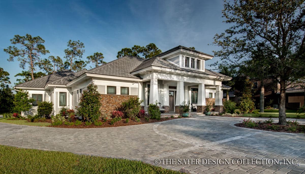 House plan exterior: one-story Modern Farmhouse with gabled roof, stone accents, wide porch with columns, and dormer.