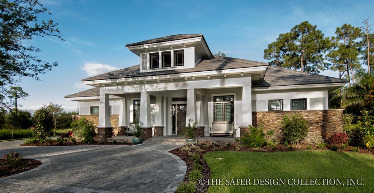 House plan exterior, one story, Modern Farmhouse style with covered porch, wide gables, and stone accents.