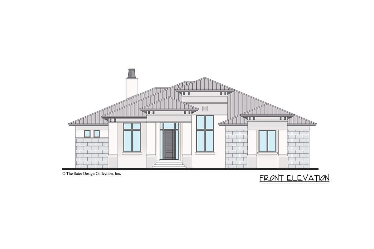 Front elevation drawing of a one-story house with a hipped roof, prominent portico, and stone accent walls.