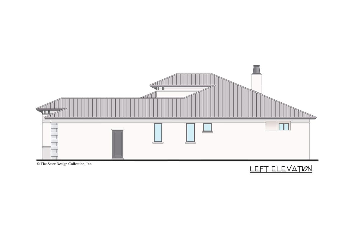 Left elevation drawing of a house plan featuring a metal gable roof, stucco walls, and multiple windows.