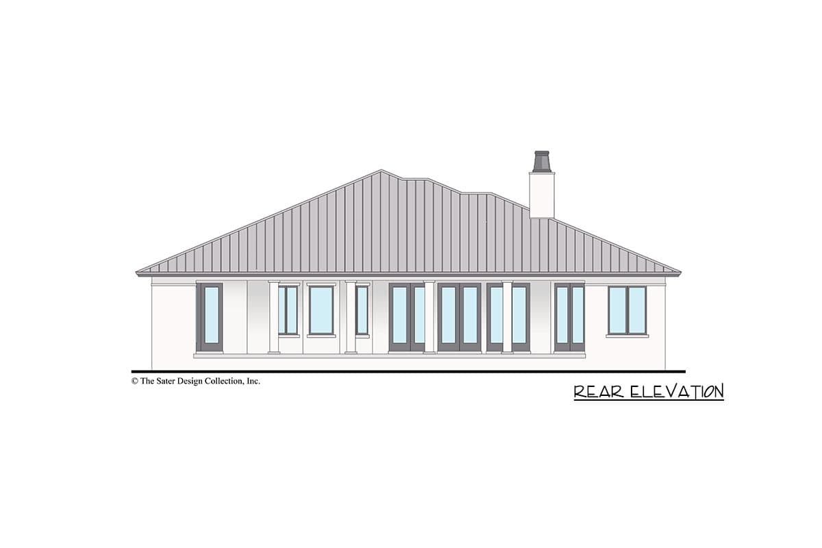Rear elevation drawing of a house with a metal roof, a prominent chimney, and numerous large windows and doors.