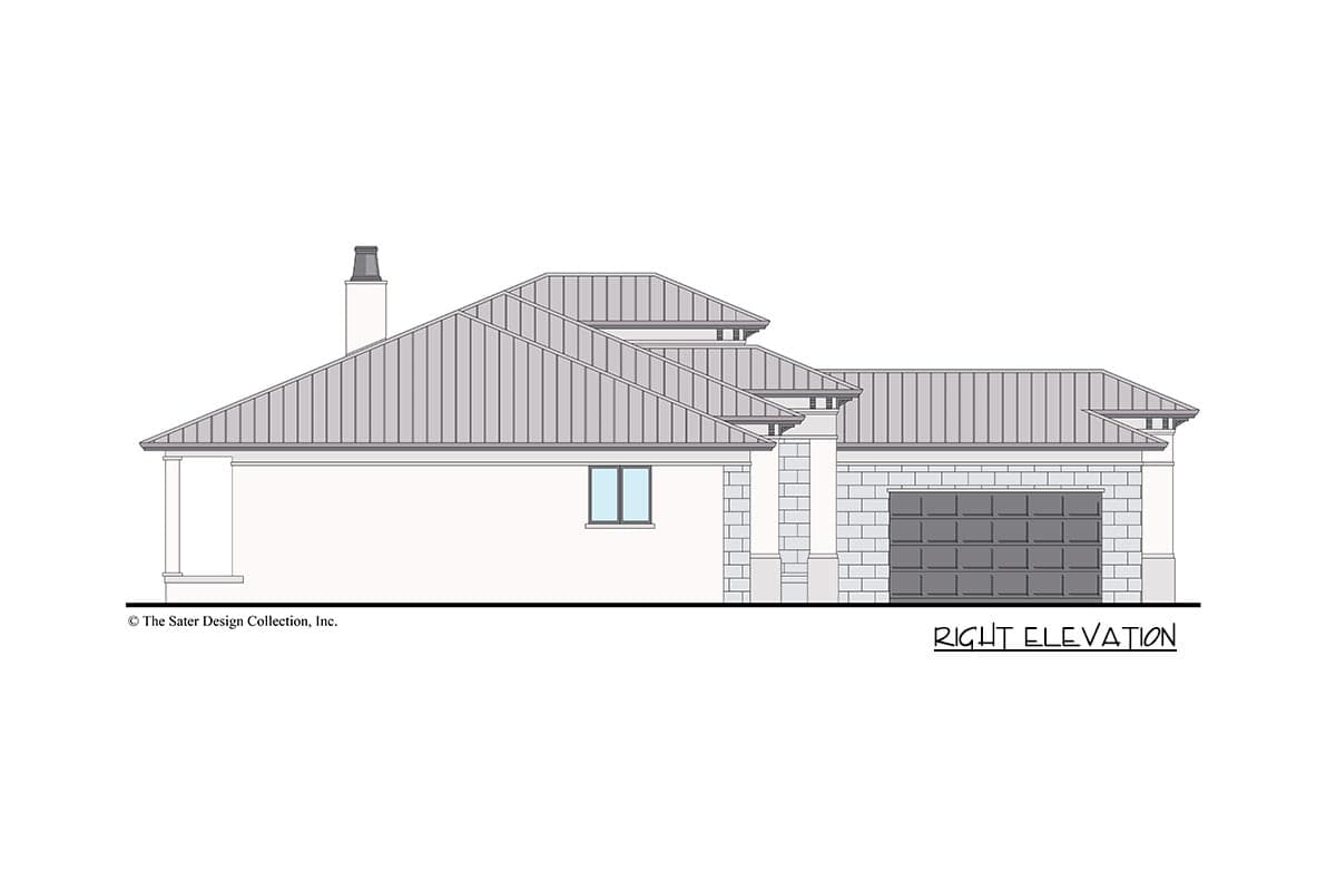 Right elevation house plan with a metal gable roof, chimney, single-story structure, and attached garage.