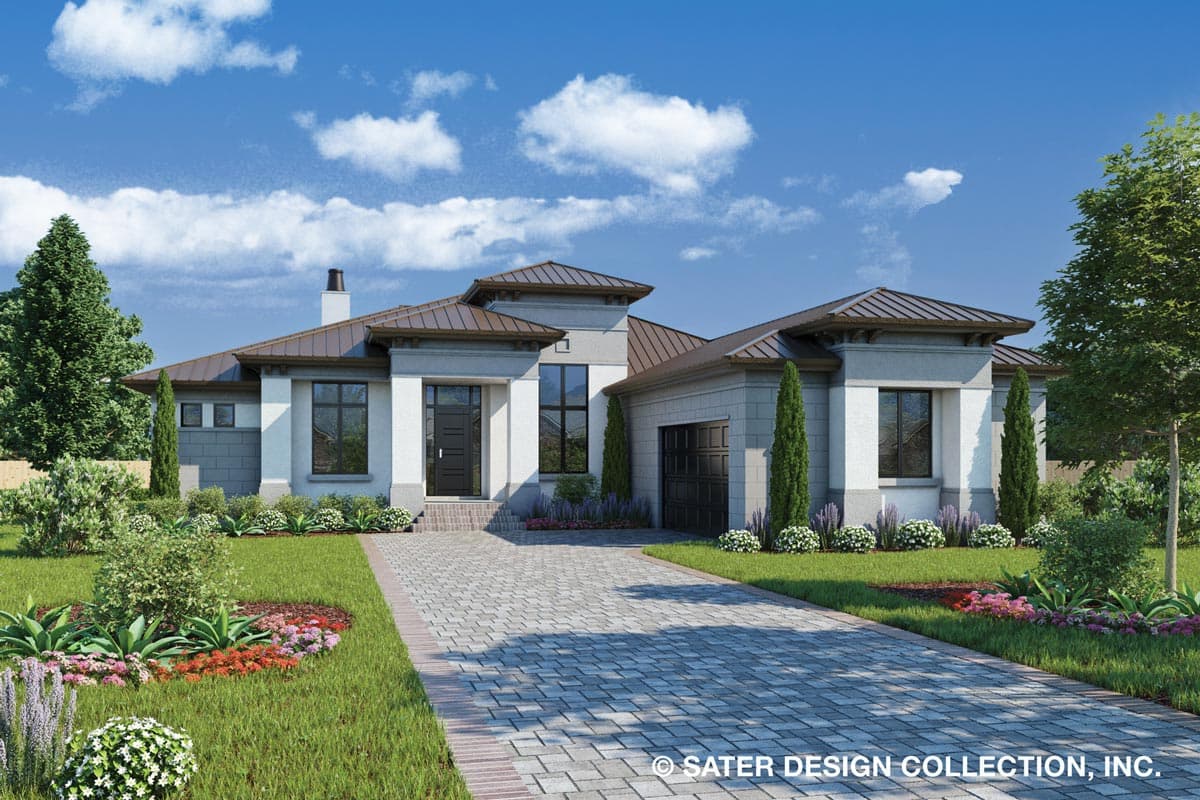 House plan exterior with modern design. Single-story with flat roof, covered entry, and attached garage. Includes large windows and chimney.