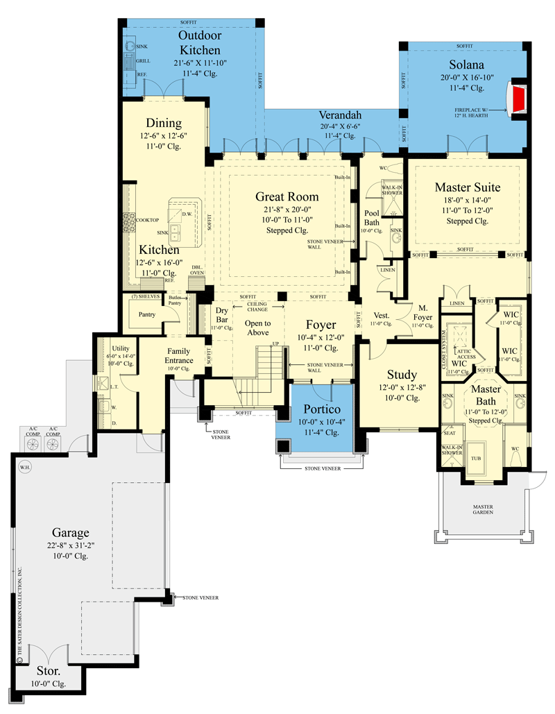 Plan 340038STR: Two-story Contemporary Florida House Plan with Large Veranda - Floor Plan - Main Level - Coastal, Contemporary, European, Florida-Style, Mediterranean, Southern, Transitional