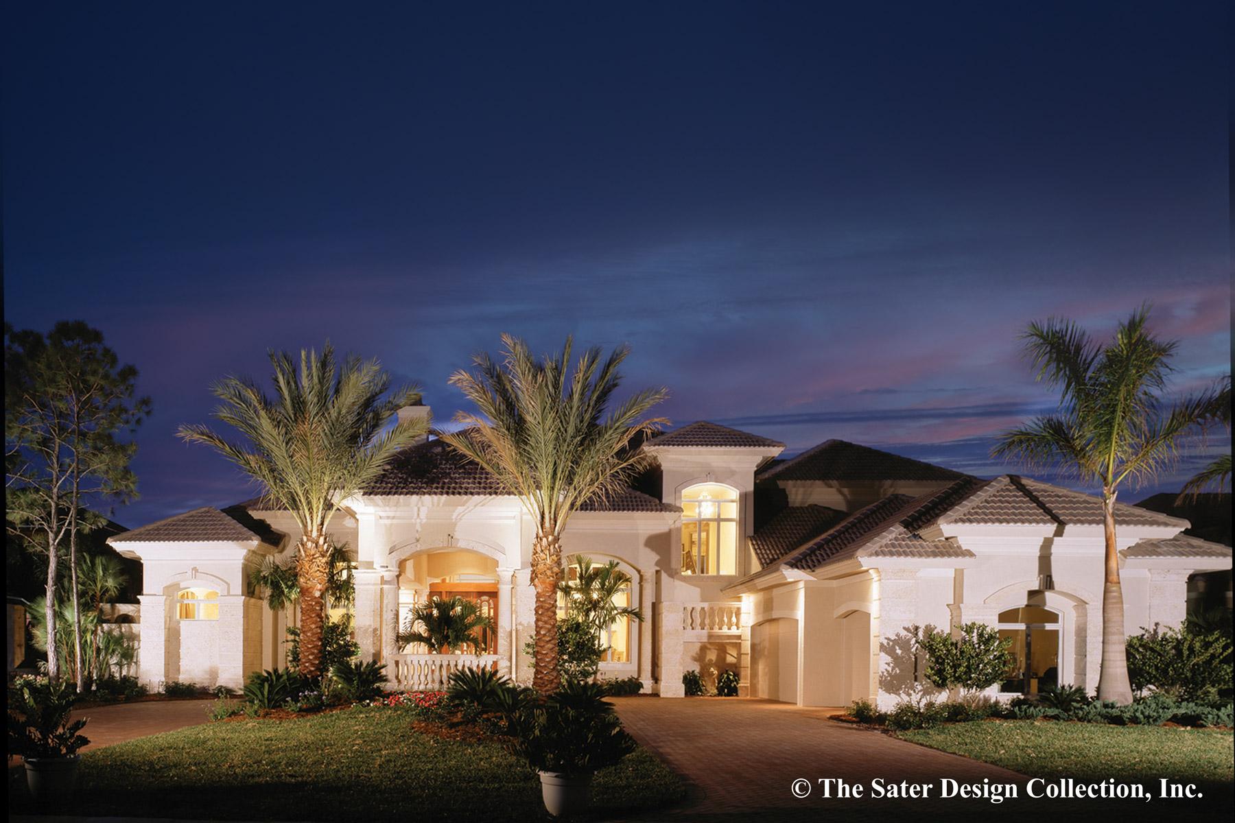 House plan exterior. Two-story Mediterranean-style house with arched entry, tiled roof, and attached garage. Palm trees and lawn visible.