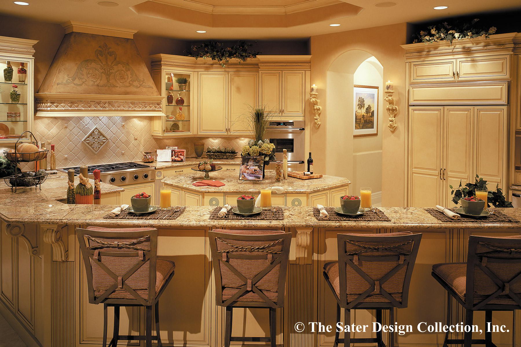 Kitchen interior with a large island, granite countertops, decorative range hood, built-in oven, and seating.