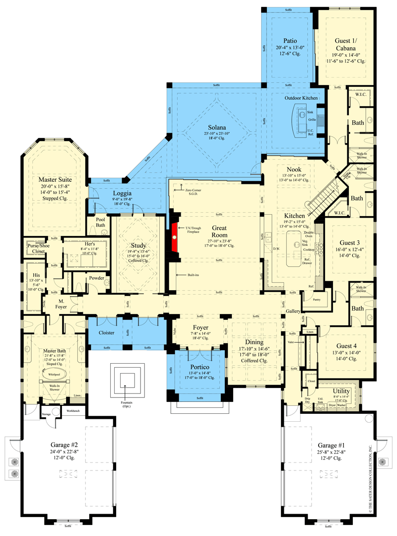 Plan 340040STR: Contemporary 5 Bed House Plan with a Courtyard Entrance - Floor Plan - Main Level - Coastal, Coastal Contemporary, Contemporary, European, Florida-Style, Mediterranean, Southern, Transitional