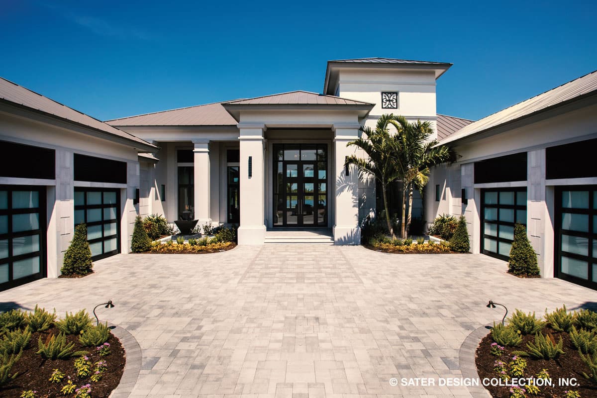 House plan exterior with symmetrical design, featuring two garages with glass doors, a central covered entrance with columns, and a stucco finish.