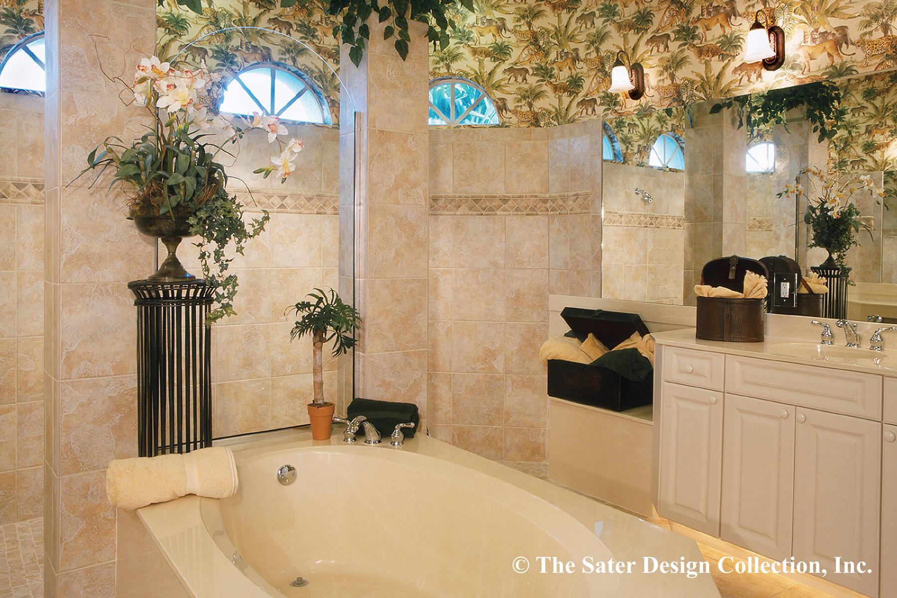 Bathroom interior with soaking tub, double vanity, arched windows, and animal print wallpaper.