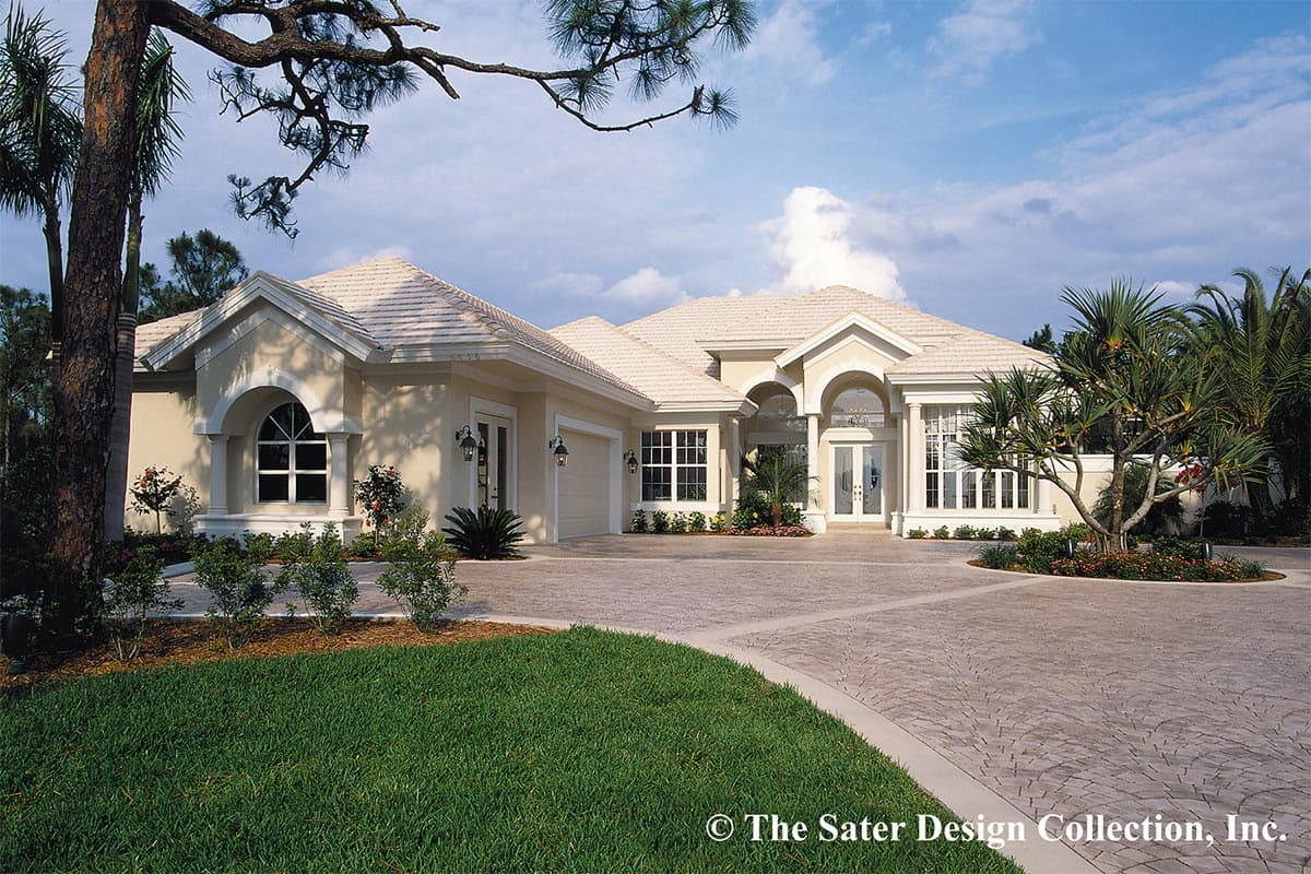 House plan exterior. One-story house with arched entry, gabled roof, and attached garage. Includes a semi-circular driveway.