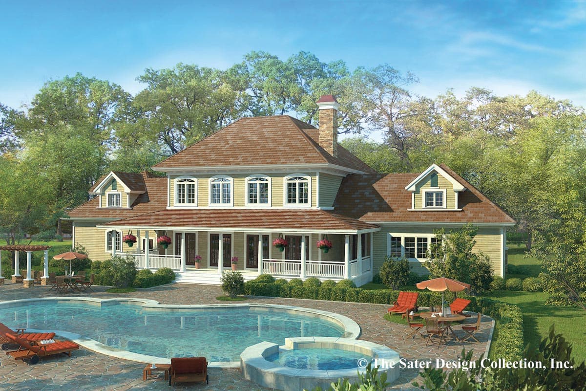 House plan exterior: Two-story Traditional style with wrap-around porch, dormers, and prominent gables.