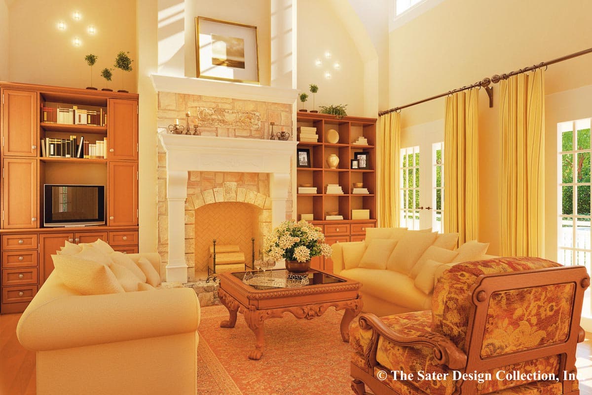 Living room with fireplace, built-in shelving, arched doorways, and vaulted ceiling.