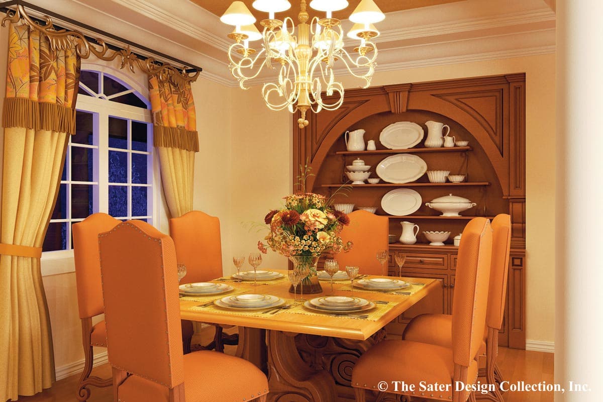 Dining room with a square table set for six, orange upholstered chairs, arched window, and a built-in hutch displaying dishware.
