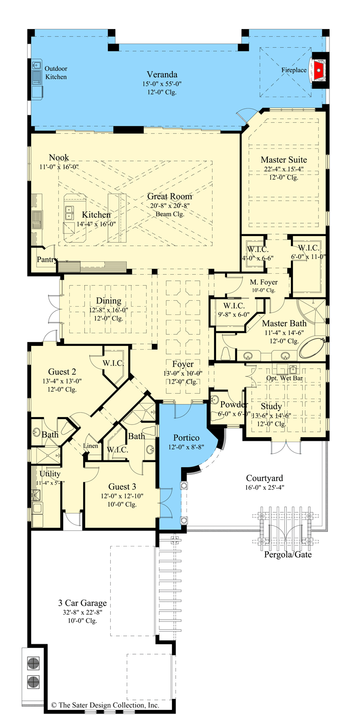 Plan 340051STR: 3 Bed House Plan with Tuscan Styling with 3 Walk-in Closets in the Master Suite - Floor Plan - Main Level - European, Florida-Style, Mediterranean, Tuscan