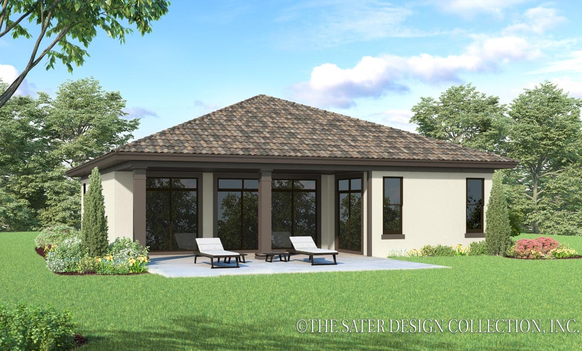 House plan exterior: One-story modern home with a tiled hip roof, covered patio with columns, and large windows.