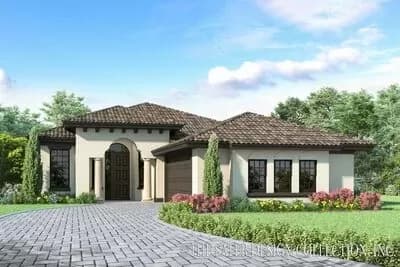 Modest-sized One-story Mediterranean House Plan with Flex Room