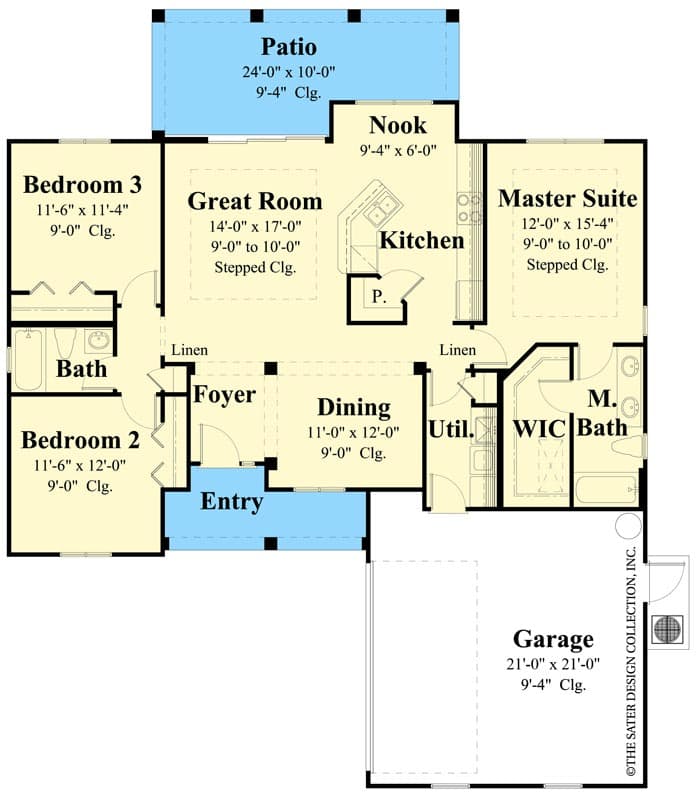 Plan 340053STR: Small Coastal Tidewater Home Plan Under 1500 Square Feet - Floor Plan - Main Level - Coastal, Cottage, Country, Craftsman, Florida-Style, Ranch, Traditional