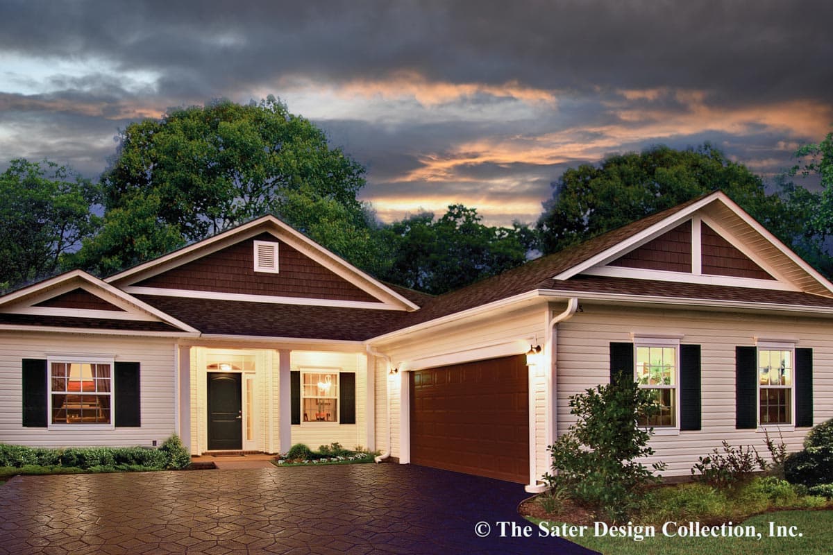 House plan exterior with Craftsman style, one story, and gabled roof. Features include a front porch, garage, and dark-colored shutters.