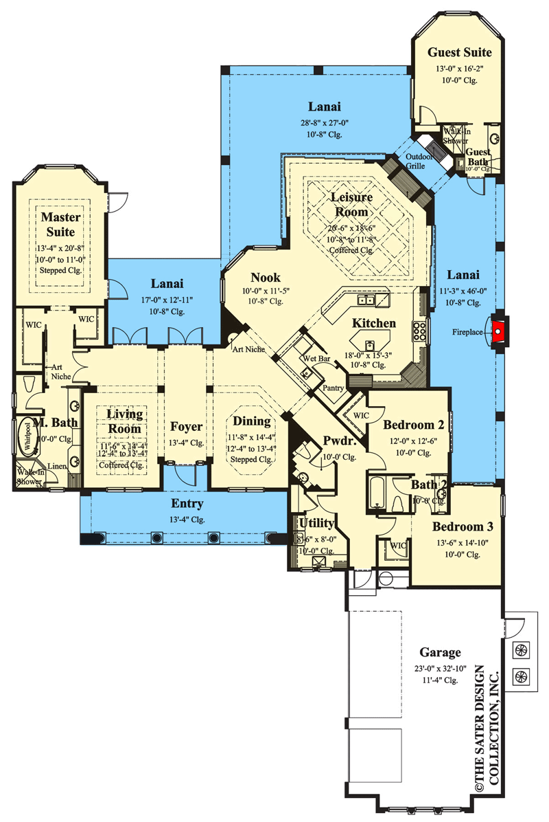 Plan 340059STR: Coastal Euro-style House Plan with Large Master Suite with Outdoor Access - Floor Plan - Main Level - Coastal, European, Florida-Style, Mediterranean