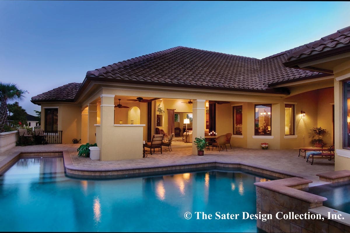 House plan exterior: One-story home with tile roof, covered patio, pool, and open interior views.