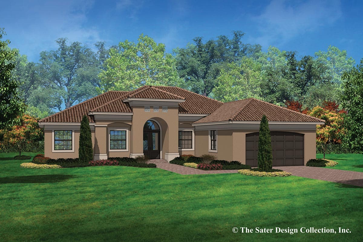 House plan exterior. One-story Mediterranean style with a tile roof, arched entry, and attached garage. Includes decorative trim around windows.