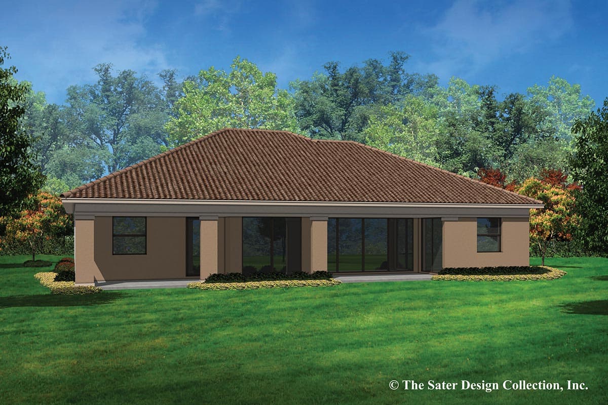 House plan exterior: Ranch style, one story, covered lanai with columns, tile roof, and large windows.