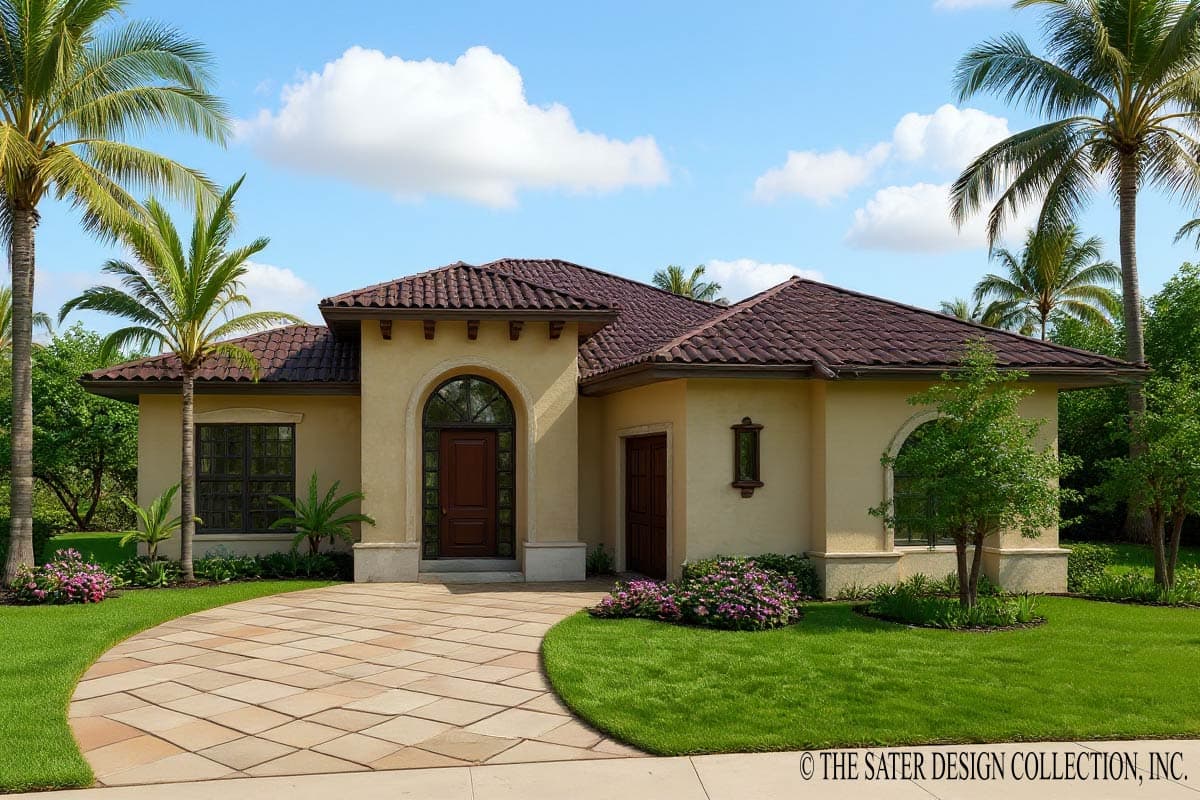 House plan exterior with Mediterranean style, single story, arched entry door, clay tile roof, and multiple arched windows.