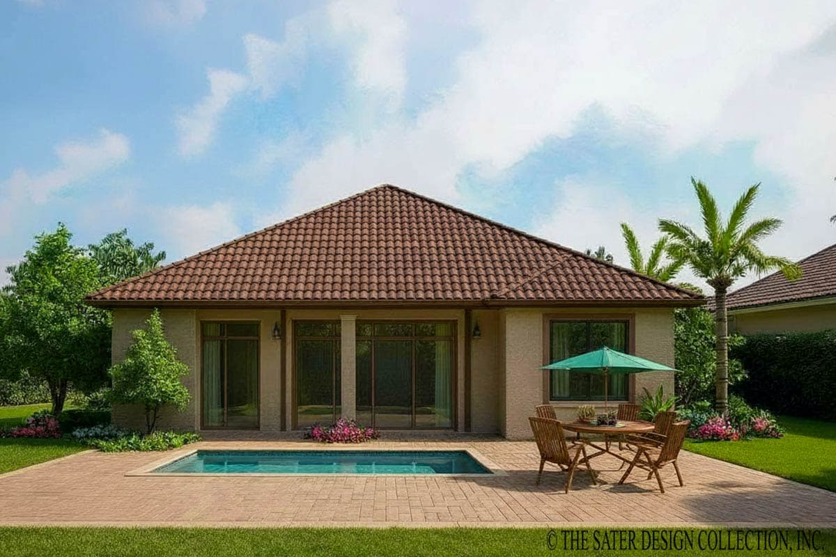 House plan exterior, single story, with a large hip roof, stucco exterior, and a rear-facing patio with a pool.