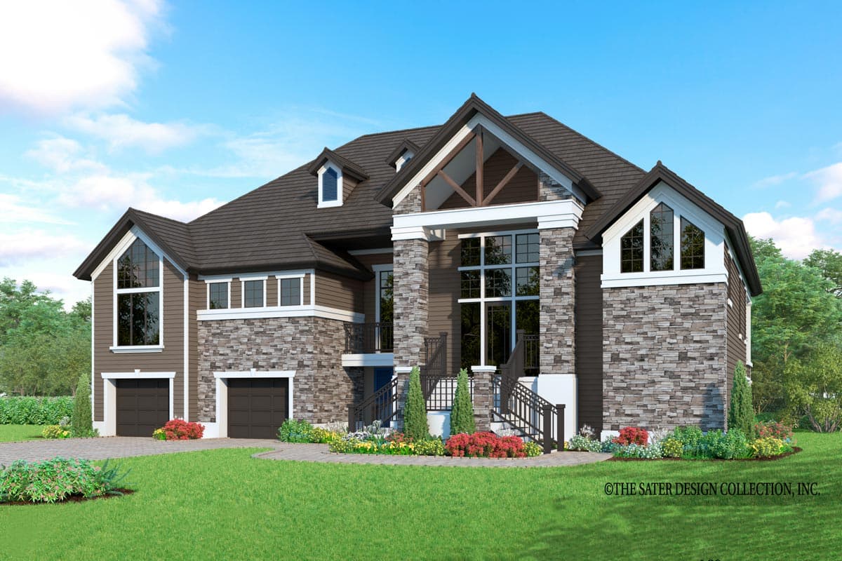 House plan exterior with two stories, stone veneer facade, gables, and a prominent front entry with a large window and decorative brackets.