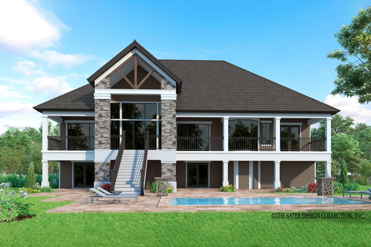 House plan exterior, two stories, stone accents, expansive windows, wrap-around covered porches, and an elevated deck.